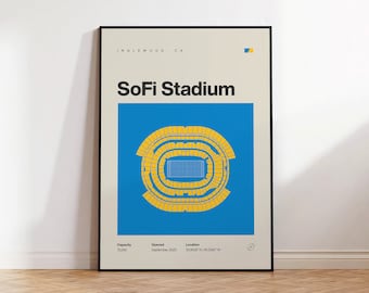May include: A framed poster featuring a minimalist architectural diagram of SoFi Stadium in Inglewood, CA. The design includes a blue square with a yellow seating chart, the text SoFi Stadium, capacity 70,240, opened September 2020, and coordinates.