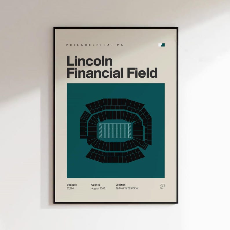 May include: A framed poster featuring a minimalist illustration of Lincoln Financial Field in Philadelphia, PA. The stadium is depicted in black against a teal background, with the text "Lincoln Financial Field" in bold letters. Additional text includes capacity, opening date, and location.