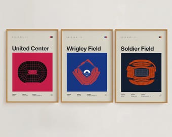 Chicago Sports Stadium Print Set | Bears, Cubs, Bulls | Minimalist Mid Century Modern Bedroom Office Posters | Printable Download