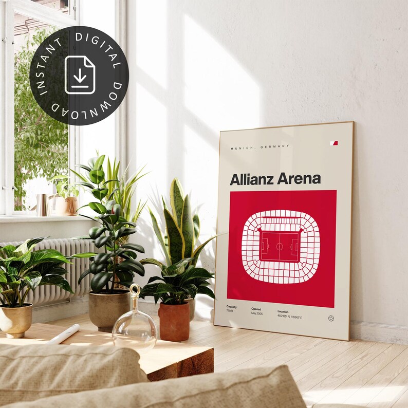 Munich Football Poster, Allianz Arena Stadium Print, Mid Century Modern ...