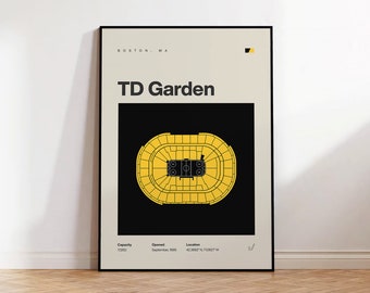 May include: A black and white poster with a yellow outline of TD Garden, a sports arena in Boston, Massachusetts. The poster includes the text "TD Garden", "Boston, MA", "Capacity 17,500", "Opened September, 1995", and "Location 42.3662°N 71.0662°W".