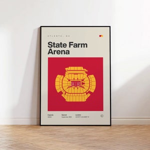 Póster de los Atlanta Hawks, impresión del estadio State Farm Arena, póster de baloncesto moderno de mediados de siglo, arte deportivo para dormitorio, arte minimalista para pared de oficina