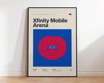 Philadelphia 76ers Poster, Sixers Xfinity Mobile Arena Print, Mid Century Modern Basketball, Basketball Gift, Sport Bedroom Posters, Digital