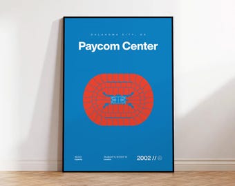 Oklahoma City Thunder Poster, Paycom Center Print, Mid Century Modern Basketball Poster, Sports Bedroom Posters, Minimalist Office Wall Art