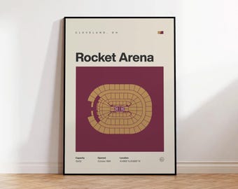 Cleveland Cavaliers Poster, Rocket Arena Stadium Print, Mid Century Modern Basketball Poster, Bedroom Art, Minimalist Office Wall Art