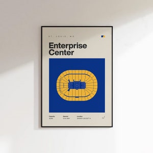 May include: A blue and yellow illustration of the Enterprise Center in St. Louis, Missouri. The illustration shows the arena's seating layout and basketball court. The text "Enterprise Center" is displayed in bold black letters above the illustration. The text "St. Louis, MO" is displayed in smaller black letters above the text "Enterprise Center". The text "Capacity: 18,096", "Opened: Oct 8, 1994", and "Location: 38.6309&deg;N 90.2037&deg;W" is displayed in smaller black letters below the illustration.