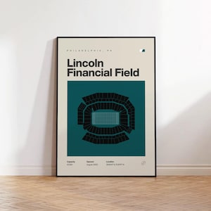 May include: Framed poster of Lincoln Financial Field in Philadelphia, PA. The poster features a teal and black stadium layout with the text "Lincoln Financial Field." Additional text includes the stadium's capacity, opening date, and location.