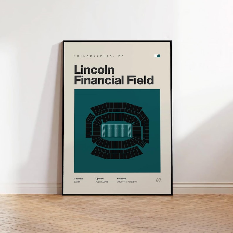 May include: Framed poster of Lincoln Financial Field in Philadelphia, PA. The poster features a teal and black stadium layout with the text "Lincoln Financial Field." Additional text includes the stadium's capacity, opening date, and location.