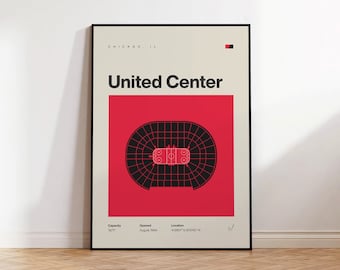 Plakat Chicago Blackhawks, wydruk na stadionie United Center, plakat hokejowy w stylu mid-century modern, plakaty do sypialni ze sportem, minimalistyczna sztuka ścienna do biura