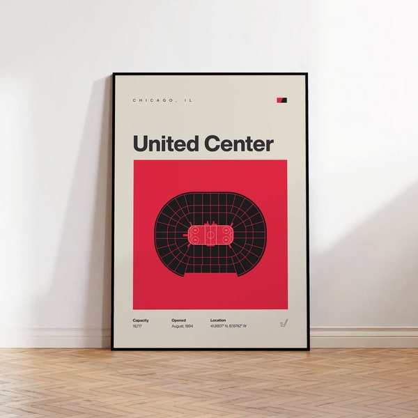 Chicago Blackhawks Poster, United Center Stadium Print, Mid Century Modern Hockey Poster, Sports Bedroom Posters, Minimalist Office Wall Art