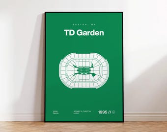 Plakat Boston Celtics, wydruk na stadionie TD Garden, plakat koszykarski w stylu mid-century modern, plakaty sportowe do sypialni, minimalistyczna sztuka ścienna do biura