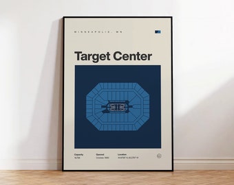 Könnte beinhalten: Ein minimalistisches Poster mit einer blauen und weißen Illustration des Target Center in Minneapolis, Minnesota. Das Poster enthält den Text "Target Center" sowie die Stadt und den Bundesstaat "Minneapolis, MN". Das Poster enthält auch die Kapazität, das Eröffnungsdatum und den Standort der Arena.