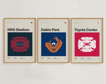 Zestaw wydruków stadionu sportowego w Houston | Astros, Rockets, Texans | Minimalistyczne plakaty do sypialni i biura w stylu mid-century modern | Do pobrania w wersji drukowanej