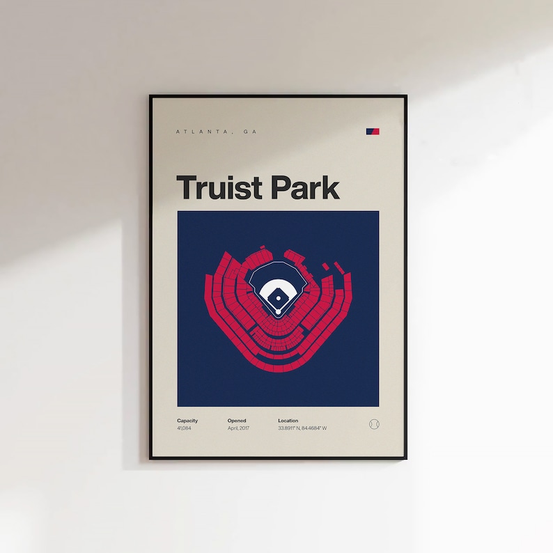 May include: A minimalist poster with a blue background and a red outline of Truist Park, a baseball stadium in Atlanta, Georgia. The poster includes the stadium's name, location, capacity, and opening date.