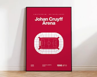 Plakat piłkarski Amsterdam, wydruk na stadionie Cruyff Arena, plakat piłkarski w stylu mid-century modern, sztuka do sypialni, minimalistyczna sztuka ścienna do biura