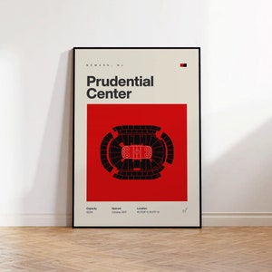 May include: A red and black minimalist poster featuring a diagram of the Prudential Center in Newark, NJ. The poster includes the arena's capacity, opening date, and location.