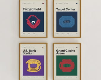 Minnesota Stadium Print Set | Vikings, Twins, Wild, Timberwolves | Minimalist Mid Century Modern Bedroom Office Poster | Printable Download