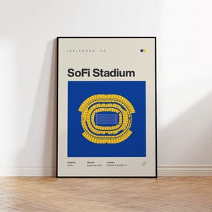 Pôster do LA Rams, impressão do estádio Los Angeles SoFi, pôster de futebol moderno de meados do século, pôsteres de esportes para quarto, arte de parede minimalista para escritório