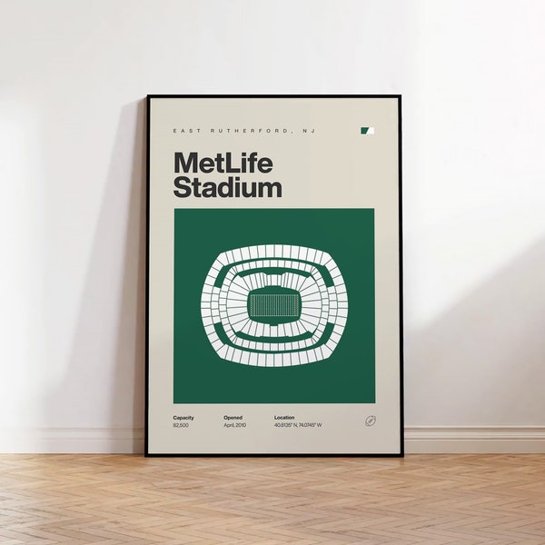 New York Jets Poster, NY MetLife Stadium Print, Mid Century Modern Football Poster, Sports Bedroom Posters, Minimalist Office Wall Art