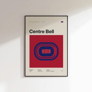 K&ouml;nnte beinhalten: Gerahmtes Poster mit den schwarzen Worten "Centre Bell". Das Poster zeigt eine rot-blaue Grafik einer Hockey-Arena mit Text, der den Standort als Montreal, QC, sowie Angaben zu Kapazit&auml;t und Er&ouml;ffnungsdatum angibt.