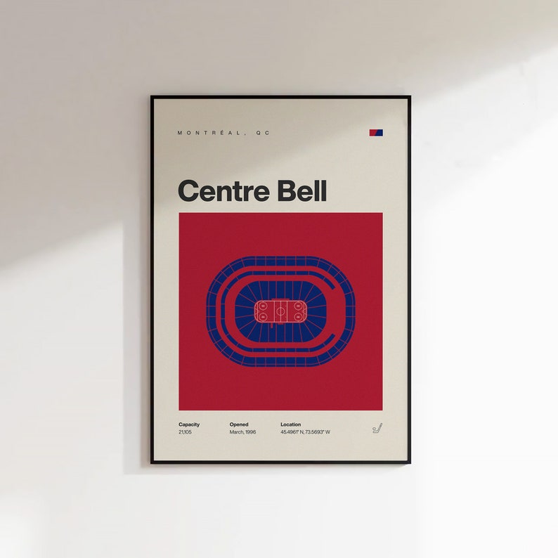 K&ouml;nnte beinhalten: Gerahmtes Poster mit den schwarzen Worten "Centre Bell". Das Poster zeigt eine rot-blaue Grafik einer Hockey-Arena mit Text, der den Standort als Montreal, QC, sowie Angaben zu Kapazit&auml;t und Er&ouml;ffnungsdatum angibt.