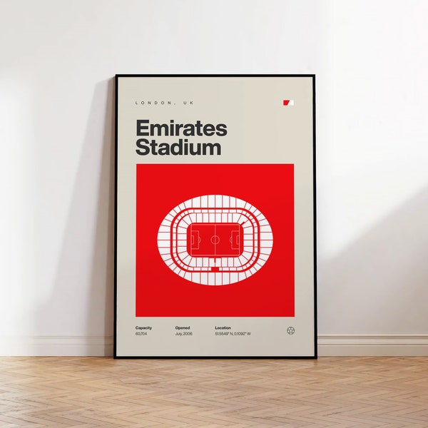 Arsenal Poster, Emirates Stadium Football Print, Mid Century Modern Soccer Poster, Sports Bedroom Posters, Minimalist Office Wall Art