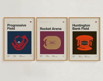 Zestaw wydruków na stadionie Cleveland Sports | Cavaliers, Browns, Guardians | Minimalistyczny plakat do sypialni i biura w stylu mid-century modern | Do pobrania w wersji drukowanej