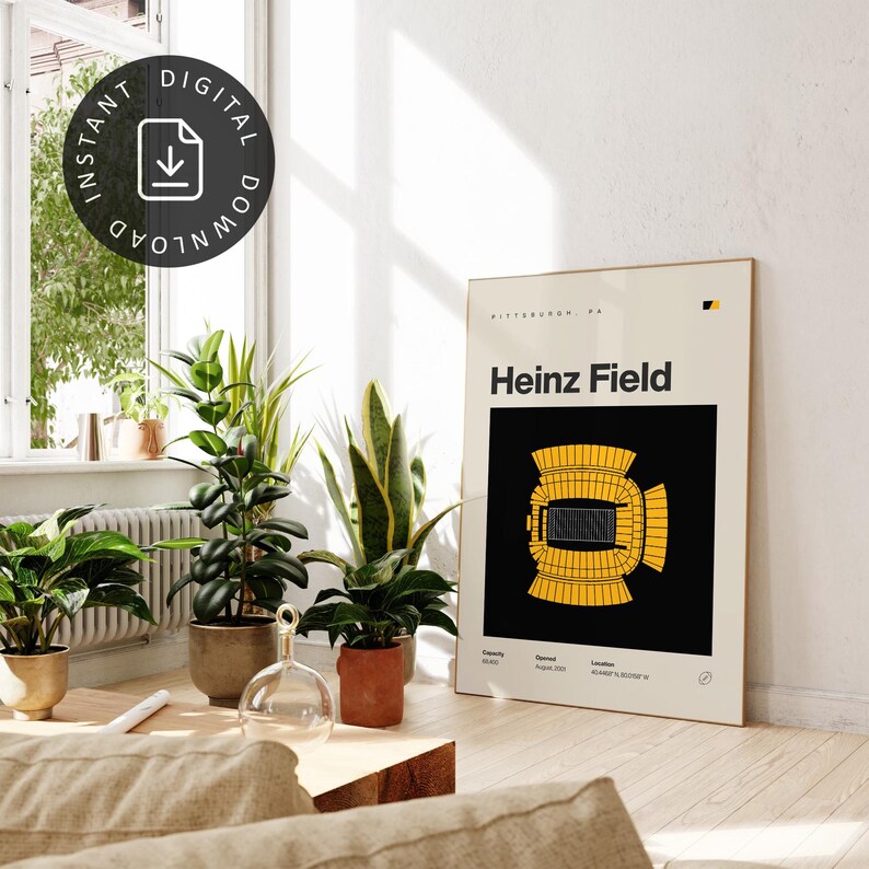 Póster de los Pittsburgh Steelers, impresión del estadio Heinz Field, póster de fútbol americano moderno de mediados de siglo, pósteres deportivos para dormitorio, arte minimalista para pared de oficina imagen 2