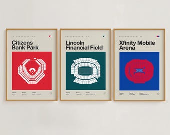 Zestaw plakatów do druku na stadionie sportowym w Filadelfii | Eagles, Phillies, Sixers | Minimalistyczne plakaty do sypialni i biura w stylu mid-century modern | Do pobrania w wersji drukowanej