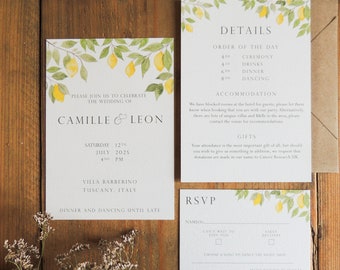 Lemon Wedding Invitation | Printed | Watercolour | Personalized | Destination Wedding