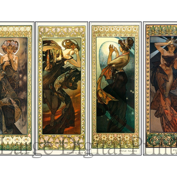 Volles Set Der Mond und die Sterne Serie 1902. 4 Alphonse Mucha Drucke zum Herunterladen und Ausdrucken zu Hause für den persönlichen und kommerziellen Gebrauch