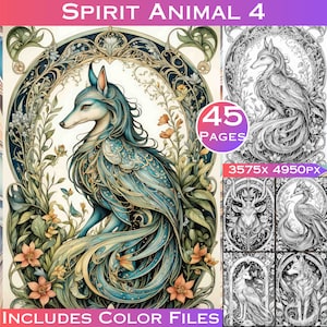 45 animales espirituales Set 4 con hermosos bordes florales Páginas para colorear en escala de grises Libro para colorear para adultos imprimible Descargar ilustración en escala de grises