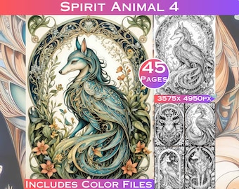Spirit Animals Coloring Book: Floral Grayscale Illustrations (45 Pages) (Digital Download)