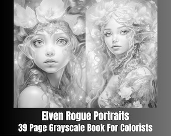 Elven Portraits Coloring Book: 39 Grayscale Pages (Digital Download)
