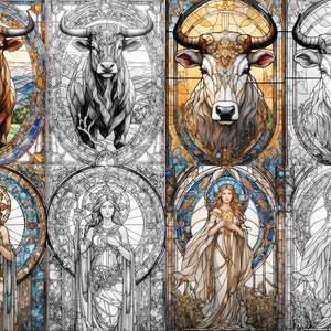May include: A stained glass window design featuring a bull with brown fur and a woman with long blonde hair wearing a white dress and gold jewelry. The design is in a traditional stained glass style with intricate details and vibrant colors.