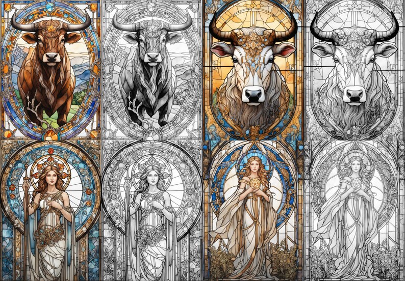 May include: A stained glass window design featuring a bull with brown fur and a woman with long blonde hair wearing a white dress and gold jewelry. The design is in a traditional stained glass style with intricate details and vibrant colors.