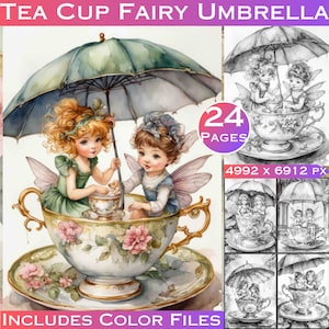 24 Tea Cup Fairies under an Umbrella Grey Scale Colouring Pages Adults Fantasy Coloring Grayscale Coloring Book Printable Digital Download