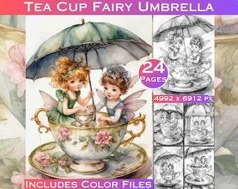 24 Tea Cup Fairies under an Umbrella Grey Scale Colouring Pages Adults Fantasy Coloring Grayscale Coloring Book Printable Digital Download