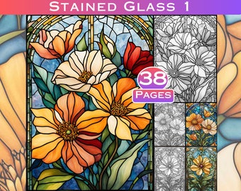 Floral Stained Glass Coloring Page: 38 Grayscale Designs (Printable PDF)