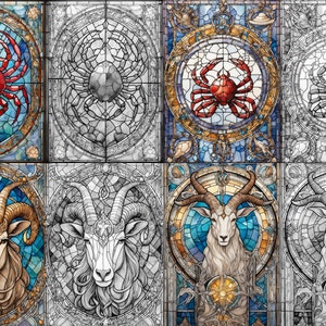 May include: A set of four stained glass panels depicting zodiac signs. The panels feature a red crab, a gray crab, a brown ram, and a white ram. The panels are framed in gold and have a blue and white background.