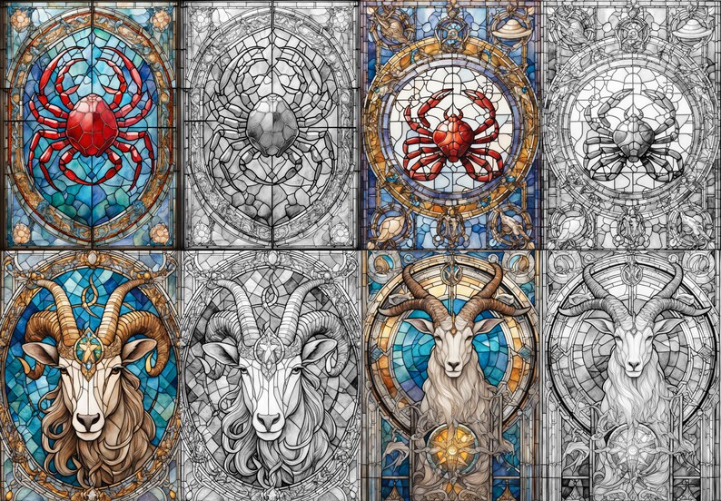 May include: A set of four stained glass panels depicting zodiac signs. The panels feature a red crab, a gray crab, a brown ram, and a white ram. The panels are framed in gold and have a blue and white background.