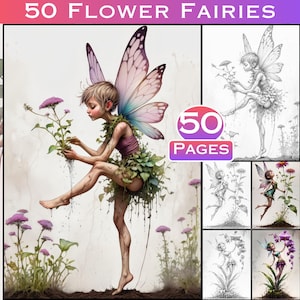 50 Feen, die sich um Blumen kümmern Graustufen Erwachsenes Malbuch mit 50 vollfarbigen Mustern Entspannende Feen-Graustufen-Seiten zum Stressabbau