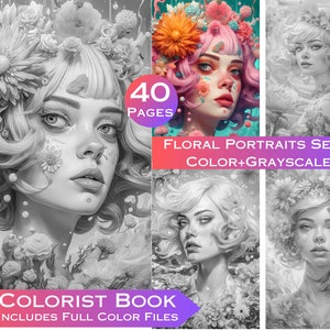 40 Printable Girls Coloring Pages for Adults, Grayscale Coloring Pages, Digital Download Coloring Book, Printable Art, Floral Girls Coloring