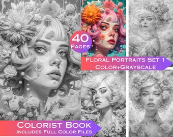 Floral Girls Coloring Pages: 40 Printable Grayscale Art (Digital Download)