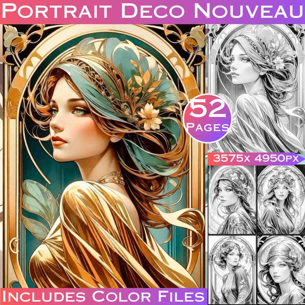 52 Art Deco Art Nouveau Fusion Beauty Portraits Coloring Pages, Adults + kids- Instant Download Grayscale Coloring Page Gift. Alphonse Mucha