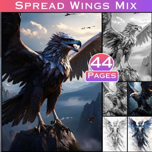 Winged Creatures Grayscale Coloring Book: Eagles, Angels, Ducks (44 Pages) (Digital Download)