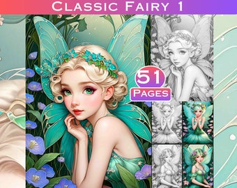 51 páginas para colorear de hadas clásicas en escala de grises: Libro de colorear de fantasía para adultos (Descarga digital)