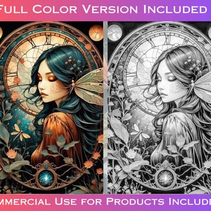 May include: A digital illustration of a woman with long blue hair and a butterfly on her shoulder. She is surrounded by flowers and a clock face. The image is in colour and black and white.