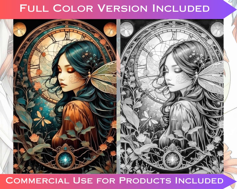 May include: A digital illustration of a woman with long blue hair and a butterfly on her shoulder. She is surrounded by flowers and a clock face. The image is in colour and black and white.