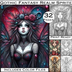 Può includere: Stampa d'arte digitale "Gothic Fantasy Realm Sprite" raffigurante una fata gotica con lunghi capelli scuri, adornata con rose e un corpetto gioiello. L'immagine include 32 pagine, disegni pronti per la stampa e file a colori.